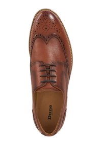 Brown leather brogue shoe with decorative perforations, rounded toe, and lace-up front. Features a smooth finish and contrasting sole.