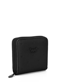 Black zippered wallet made of textured material featuring raised dots and a logo on the front. Compact square design for easy storage.
