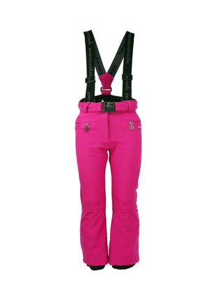 Rosa Skihosen mit verstellbaren schwarzen Trägern, ausgestattet mit Reißverschlusstaschen an den Seiten und einem gerafften Bund. Hergestellt aus wasserabweisendem Material.