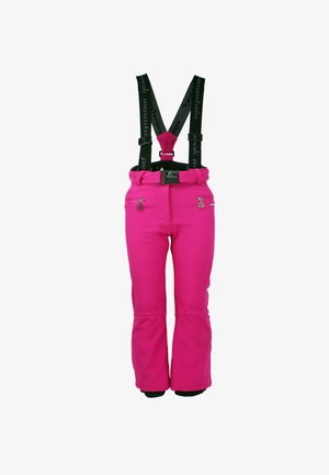 Pantalons de ski roses avec bretelles noires réglables, dotés de poches latérales zippées et d'une taille cintrée. Fabriqués en matériau résistant à l'eau.