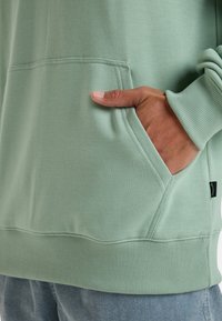 Green cotton hoodie featuring a kangaroo pocket and ribbed cuffs. Soft texture with subtle seam detailing and a label at the bottom.