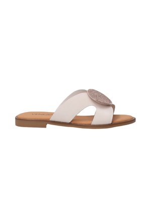 White leather slide sandal with an oval, textured rose gold accent. Open-toe design with dual straps and a flat brown sole.