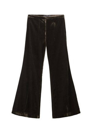 Pantalons évasés en velours noir avec une texture lisse, présentant une taille haute et une coupe large. Style simple et élégant, sans ornements visibles.