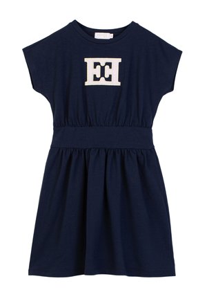 Vestito corto a maniche corte blu navy con cintura elastica in vita e logo "EC" ricamato in bianco al centro del petto.