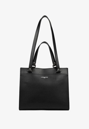 Sac cabas en cuir noir avec un design structuré, deux anses épaules et une texture lisse. Présente un détail de logo argenté au centre.