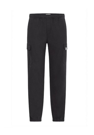 Pantaloni cargo negri, din bumbac, cu croială lejeră. Prezintă un brâu elastic, două buzunare laterale și două buzunare cargo.