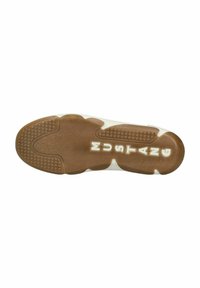 Sneaker-Sohle aus braunem Gummi mit strukturiertem Grip. Mit weißem "MUSTANG"-Branding und glattem weißen oberen Rand. Rundliche Form, strapazierfähiges Design.
