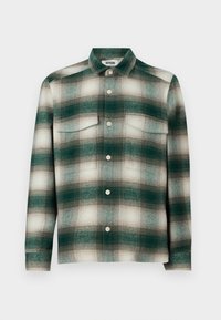 Geruite shirt met een groen, beige en witte kleurenschema. Twee borstzakken, knoopsluiting en een gestructureerde kraag van een zachte stof.