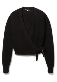 Černý kardigan s vázáním vyrobený z texturované pleteniny, s výstřihem do V, dlouhými rukávy a detaily na zavázání v pase.