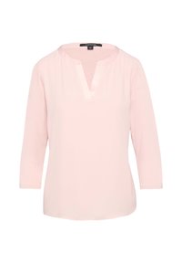 Light pink top with a v-neckline and three-quarter sleeves. Smooth texture, clean lines, and a slightly rounded hem.