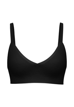 Schwarzer kabelloser BH mit dünnen, verstellbaren Trägern und glatten, nahtlosen Cups, die für Komfort und Unterstützung entwickelt wurden.