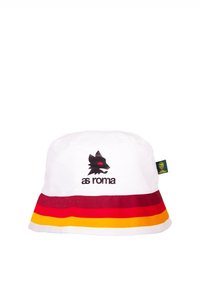 Witte bucket hat met een zwart wolf-logo en 'AS Roma'-tekst. Rode, gele en oranje gestreepte accenten rondom de rand. Zachte stoftextuur.