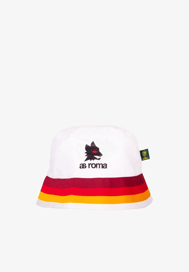 Witte bucket hat met een zwart wolf-logo en 'AS Roma'-tekst. Rode, gele en oranje gestreepte accenten rondom de rand. Zachte stoftextuur.