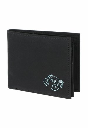 Black bifold wallet with a small light blue crab illustration on the bottom right corner.