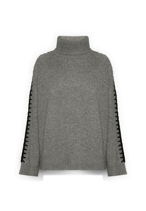 Grauer Rollkragenpullover mit strukturiertem Strickmuster, verziert mit schwarzen Spitzendetails entlang der Ärmel als Akzent. Lockerer Sitz, lange Ärmel.