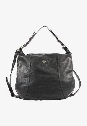 Zwarte leren handtas met een zachte textuur, losse vorm, dubbele schouderbanden en zilverkleurige metalen accenten aan de zijkanten.