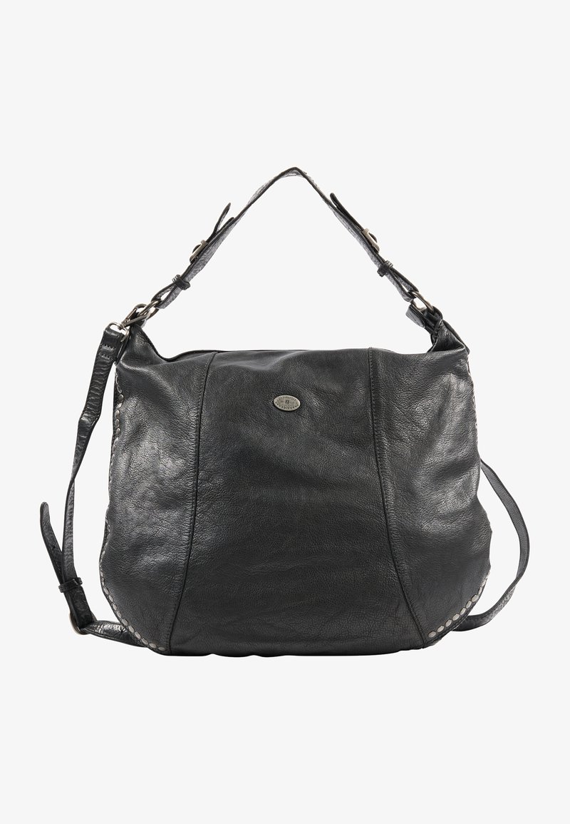 Svart handväska i läder med mjuk textur, slapp form, två axelremmar och silverdetaljer på sidorna.
