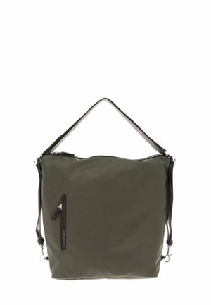 Borsa a spalla verde oliva realizzata in materiale liscio, dotata di chiusura principale con zip, tasca laterale con zip e doppi manici.