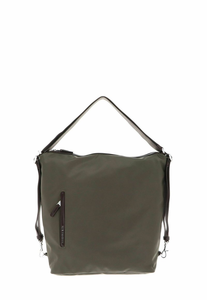 Sac à épaule vert olive en matériau lisse, avec une fermeture éclair principale, une poche zippée sur le côté et des bretelles doubles.