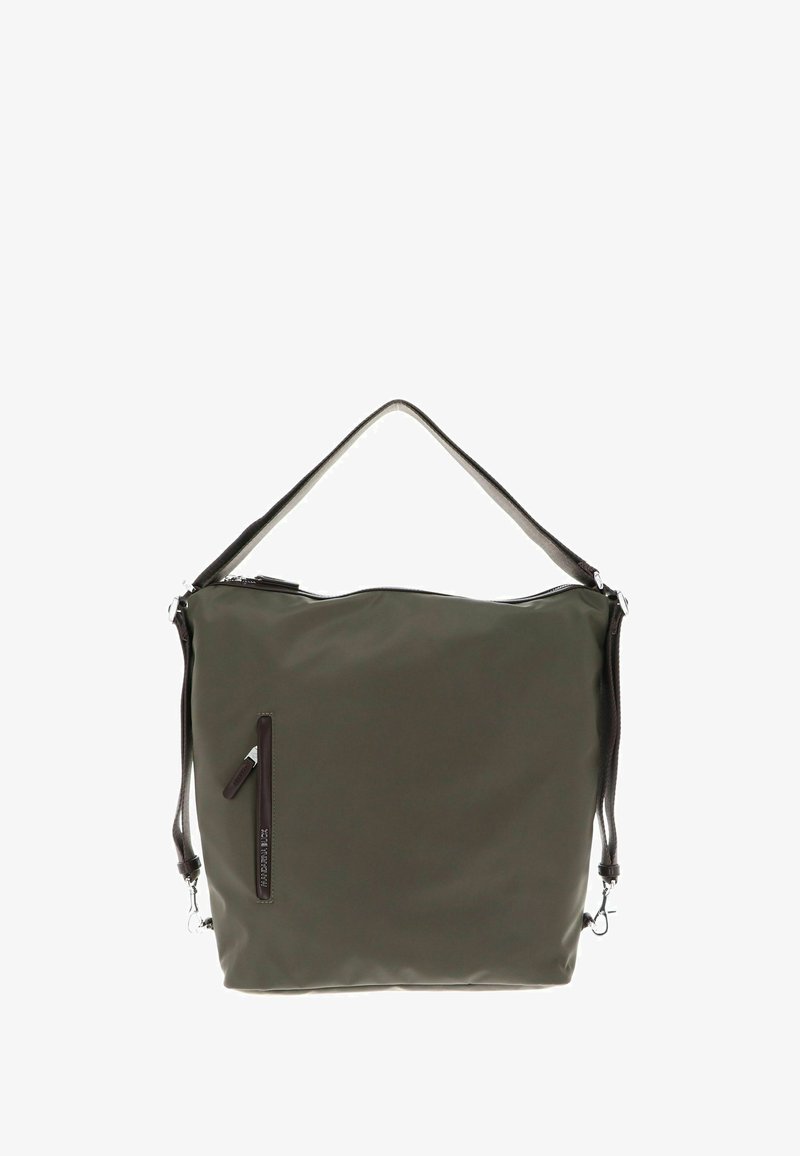 Borsa a spalla verde oliva realizzata in materiale liscio, dotata di chiusura principale con zip, tasca laterale con zip e doppi manici.