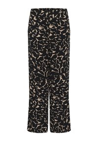 Pantalon large noir avec un motif abstrait beige. Fabriqué dans un tissu léger avec une taille élastique pour plus de confort.