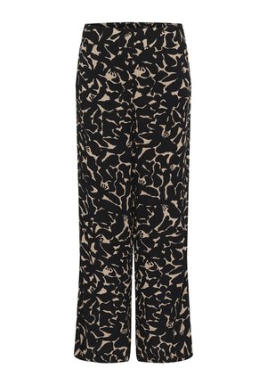 Pantalon large noir avec un motif abstrait beige. Fabriqué dans un tissu léger avec une taille élastique pour plus de confort.