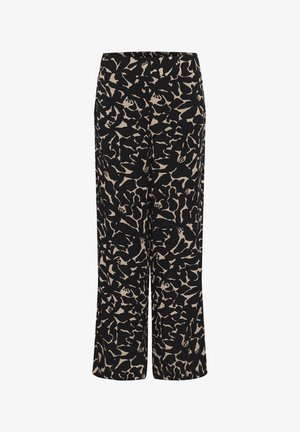 Sort brede bukser med et abstrakt beige mønster. Lavet af et let materiale med en elastisk talje for komfort.