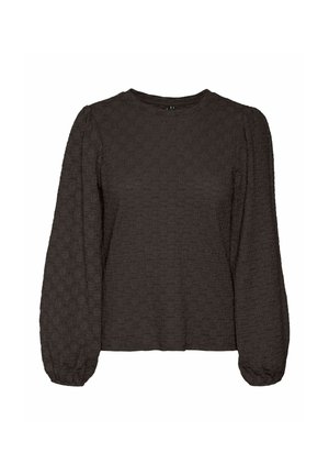 Haut à manches longues texturé gris foncé avec un col ras du cou et des manches bouffantes froncées. Présente une coupe légèrement ample et un motif cousu.