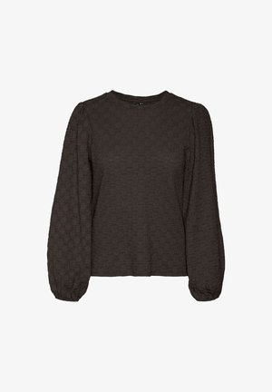 Maglietta grigio scuro a maniche lunghe con scollo rotondo e maniche a sbuffo arricciate. Presenta una vestibilità leggermente ampia e un motivo cucito.