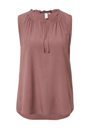 Débardeur sans manches en rose poussiéreux, avec un col froncé, un détail de lien à l'avant, et un tissu doux et léger avec une coupe légèrement décontractée.