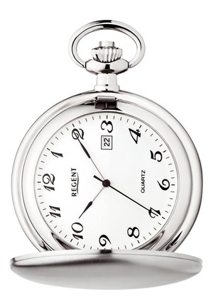 Montre de poche en argent avec un boîtier rond, un cadran blanc, des chiffres noirs et un mouvement à quartz. Comprend une fenêtre de date et une finition polie.