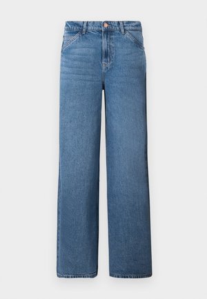 Lichtblauwe denim wijde broek met hoge taille, voorzien van een verborgen rits en een knoopsluiting, en unieke stiksel op de voorzakken.