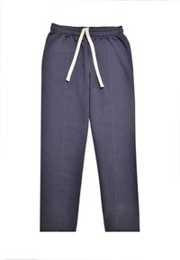 Pantalons de jogging en coton bleu marine avec ceinture élastique, cordon de serrage et poches latérales. Présente un design à jambe droite et une texture douce.