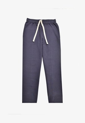 Marineblå bomulds sweatpants med elastisk talje, snøre og sidelommer. Har et lige ben design og blød tekstur.