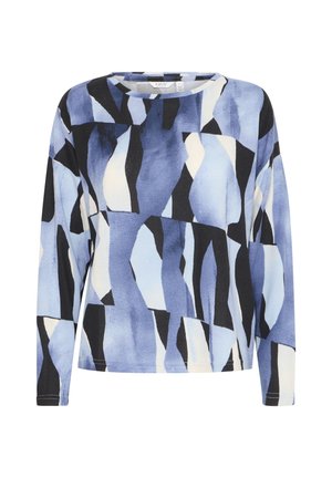 Dlhý rukáv tričko v modrom abstraktnom vzore s čiernymi akcentmi. Má okrúhly výstrih a mäkký, textúrovaný materiál.