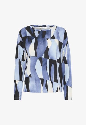 T-shirt à manches longues avec un motif abstrait bleu et des accents noirs. Il possède un col rond et un tissu doux et texturé.