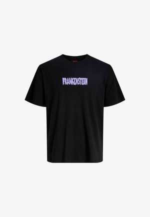 Czarny bawełniany T-shirt z napisem "FRANKENSTEIN" w fioletowej, pogrubionej czcionce, krótkie rękawy i klasyczny dekolt typu crew.