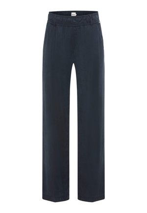 Marineblaue weit geschnittene Hose aus weichem, strukturiertem Stoff. Mit einem elastischen Bund, seitlichen Taschen und einem einfachen, klaren Design.