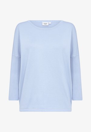 Hellblau gestrickter Pullover mit rundem Ausschnitt, Dreiviertelärmeln und geripptem Muster an den Ärmeln und dem unteren Saum.