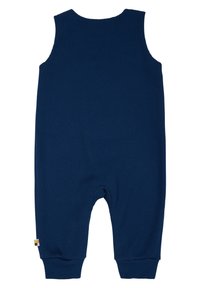 Romper senza maniche blu navy realizzato in tessuto texturizzato, con collo rotondo, polsini elastici e una piccola etichetta multicolore sulla cucitura laterale.