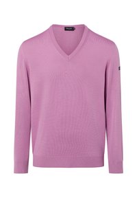 Herren Langarm-V-Ausschnitt-Pullover in Helllila mit gerippten Bündchen und Saum, mit einem kleinen Markenetikett am Ärmel.