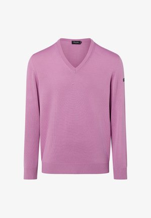 Herren Langarm-V-Ausschnitt-Pullover in Helllila mit gerippten Bündchen und Saum, mit einem kleinen Markenetikett am Ärmel.