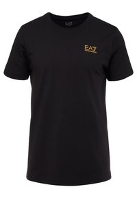 Black cotton t-shirt with short sleeves, round neck; features a small gold logo on the left chest. Soft texture and classic fit.