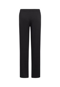 Czarne spodnie proste z elastycznym pasem, wyeksponowane na białym tle.