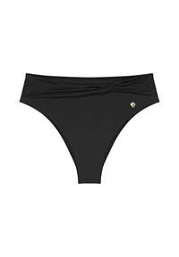 Czarny dół bikini o wysokim stanie, z skręconym detalem z przodu i małym złotym akcentem z logo. Gładka tekstura i dopasowany krój.