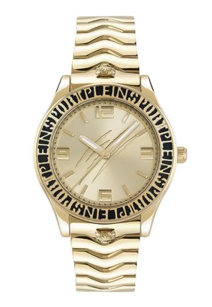 Goldfarbene Armbanduhr mit gemustertem Lünettenring, goldenem Zifferblatt mit erhabenen Markierungen und gewelltem Metallgliederarmband.