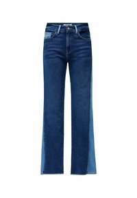 Vaqueros de pierna ancha en un tejido de denim oscuro, con un panel de denim más claro en la pierna izquierda, con una cintura alta y un diseño estándar de cinco bolsillos.