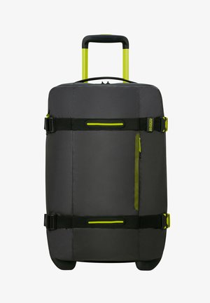 Rolling suitcase in dark gray fabric with green accents. Features a telescopic handle, side straps, and a small zipper pocket.