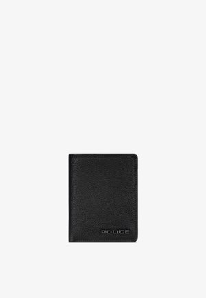 Black textured leather bifold wallet with "POLICE" metal logo on the lower right corner against white background.