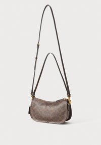 Brown leather crossbody bag with a rounded shape, featuring a zip closure and gold-tone hardware, decorated with a subtle logo pattern.